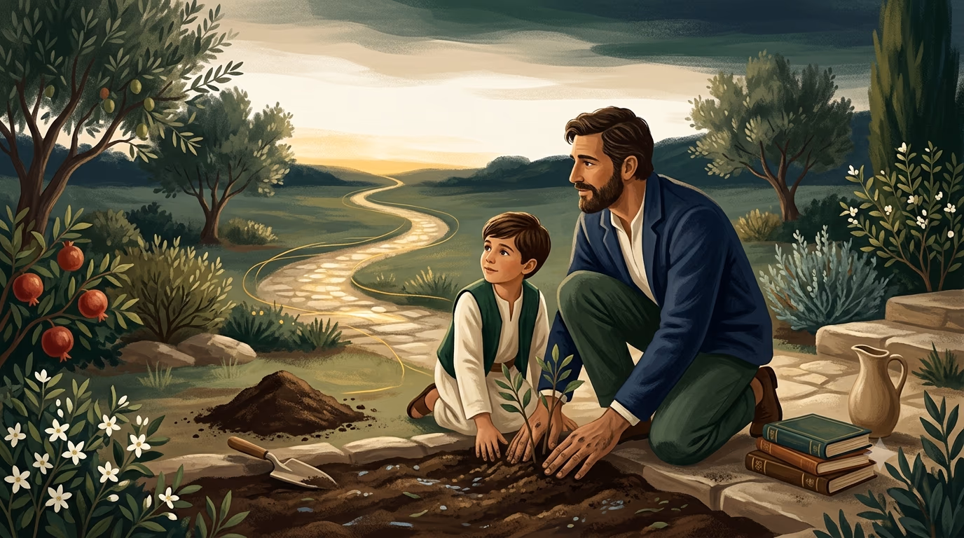 a father and son kneeling in a lush garden, planting a sapling together as a winding, illuminated path leads toward a glowing horizon.