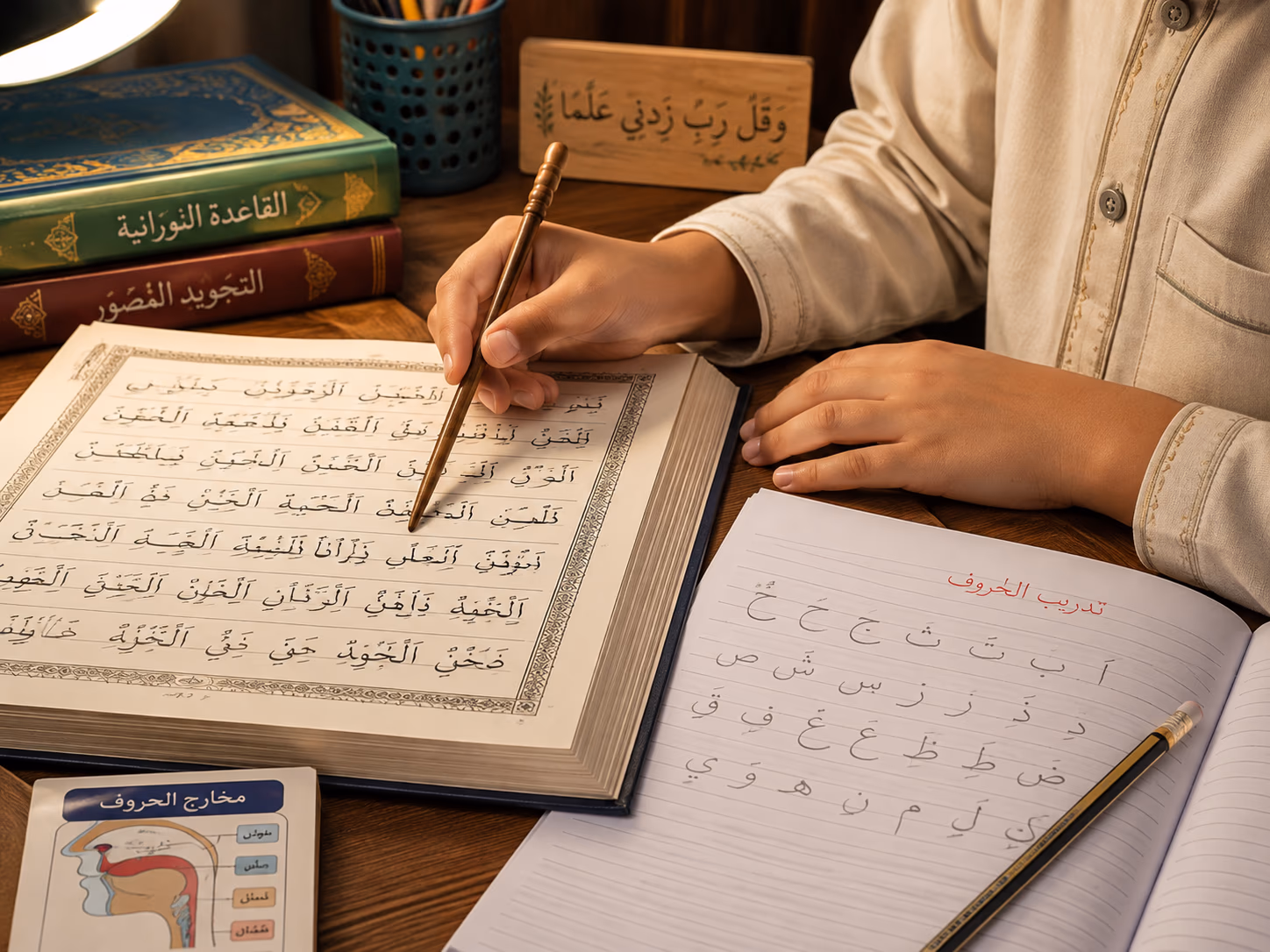 Child using a wooden pointer to trace lines of Arabic text on a Quranic reading page.