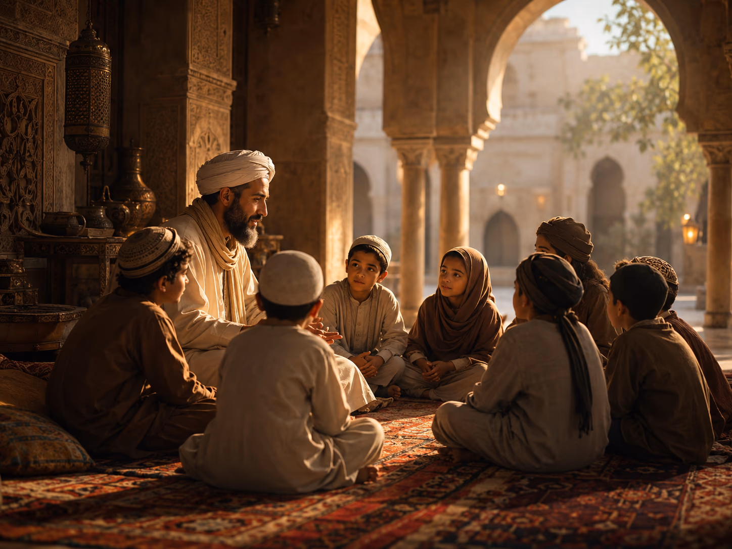 Illustration of a traditional Quran learning circle (halaqa) sitting together in a peaceful setting.