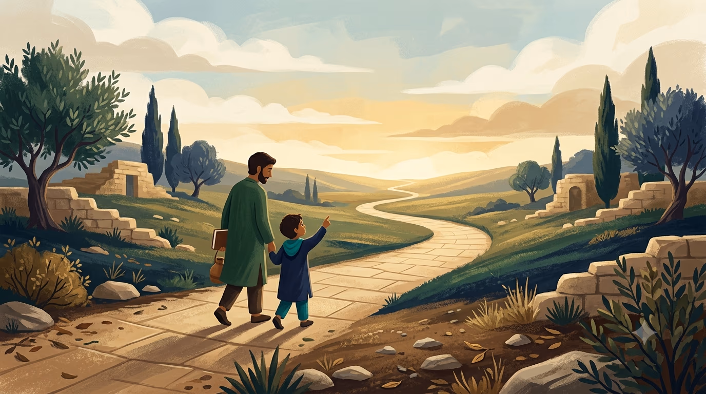 A painterly digital illustration in 16:9 landscape format, showing a father and son from behind, walking hand-in-hand along a winding stone path in a rustic Mediterranean landscape at dawn or dusk. The father wears a long green tunic and carries a book; the child wears a blue tunic and points toward the light on the horizon. The composition is warm and composed, with olive trees, cypress trees, and low stone ruins under a soft sky of warm amber, cream, pale blue, evergreen, and navy tones.