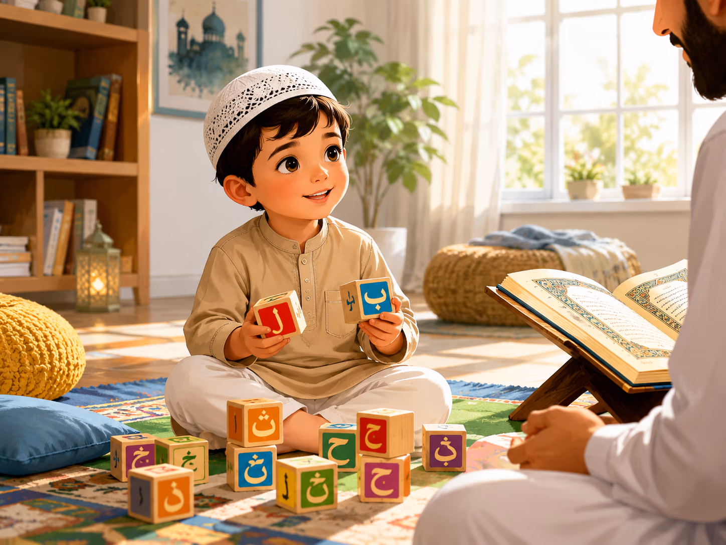 Young toddler playing with colorful Arabic letter blocks in a sunlit living room.