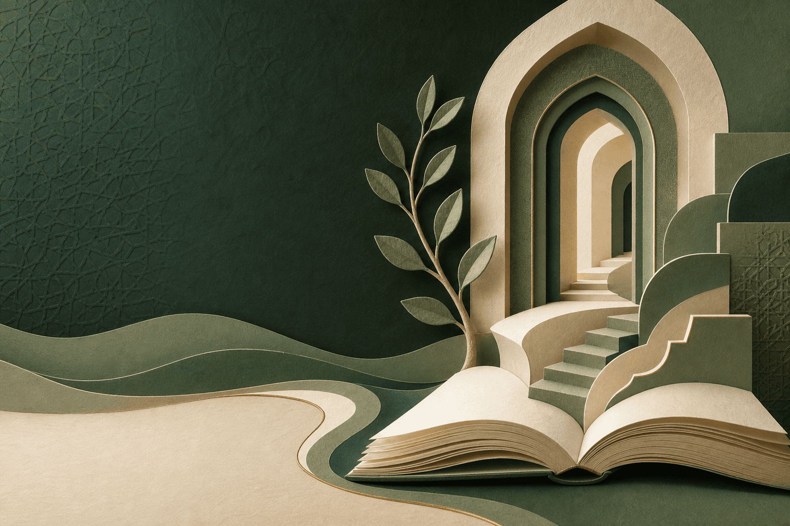 A tactile green paper sculpture of an open book, growing branch, arches, and a steady learning path