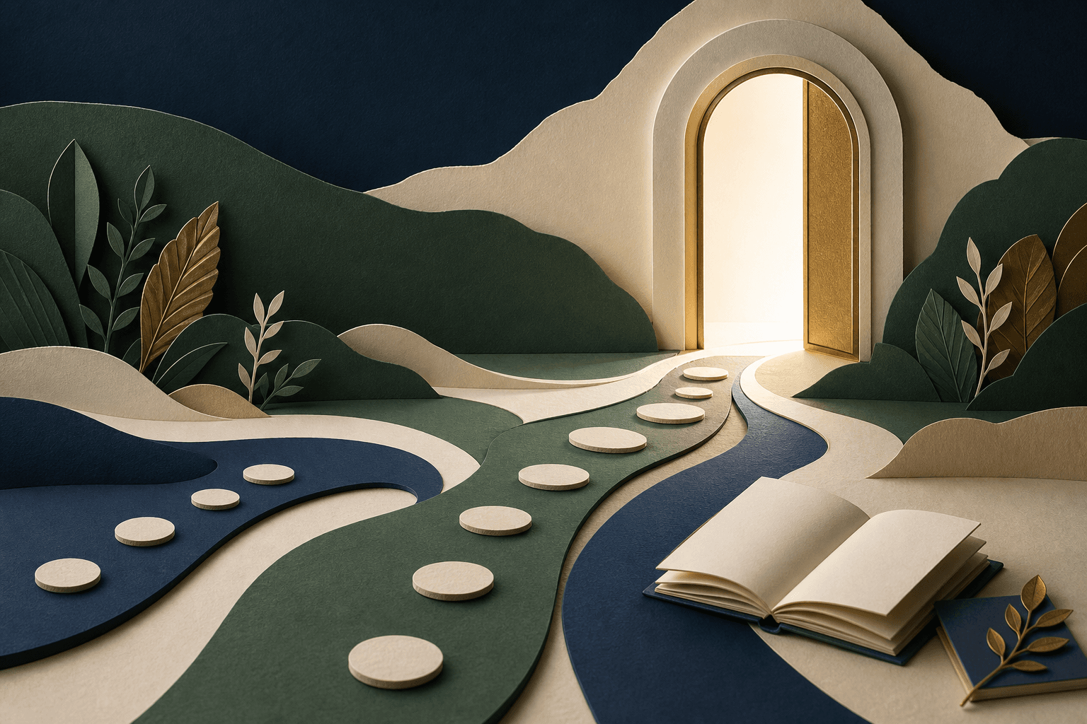 An illustrated open book leading into connected learning paths