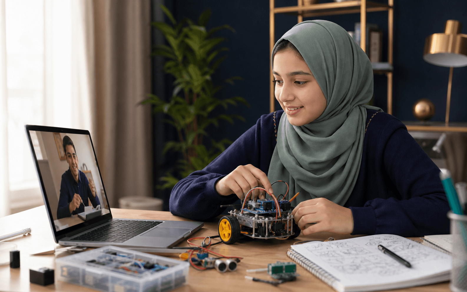 A learner combining coding with a small electronics project during an online lesson
