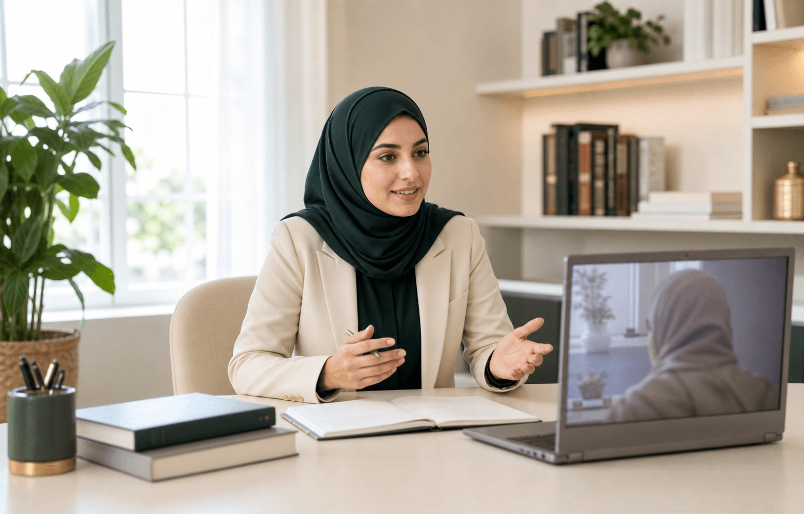 A professional Muslim education advisor speaking warmly with a parent online