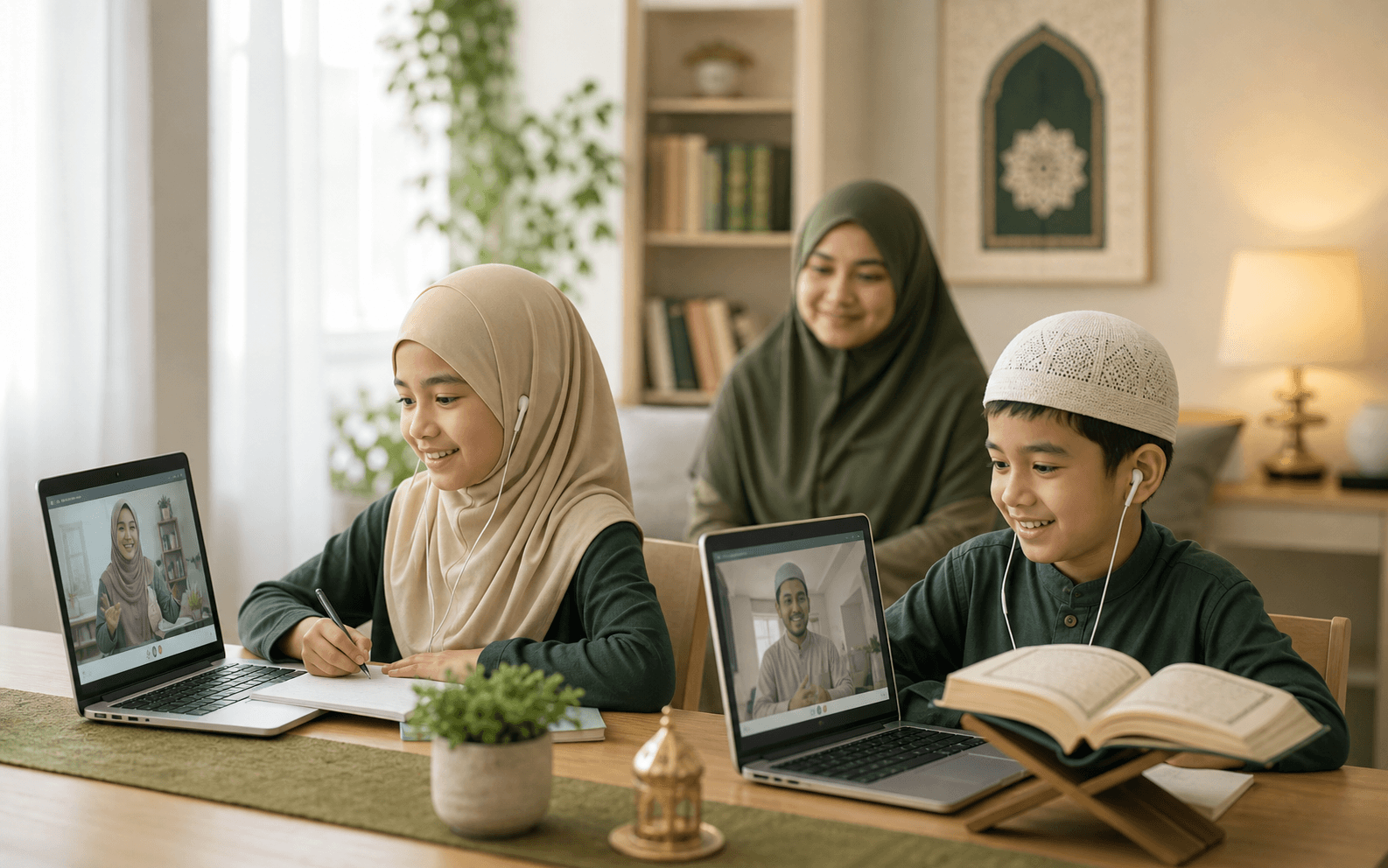 A child taking a focused online Quran learning lesson at home