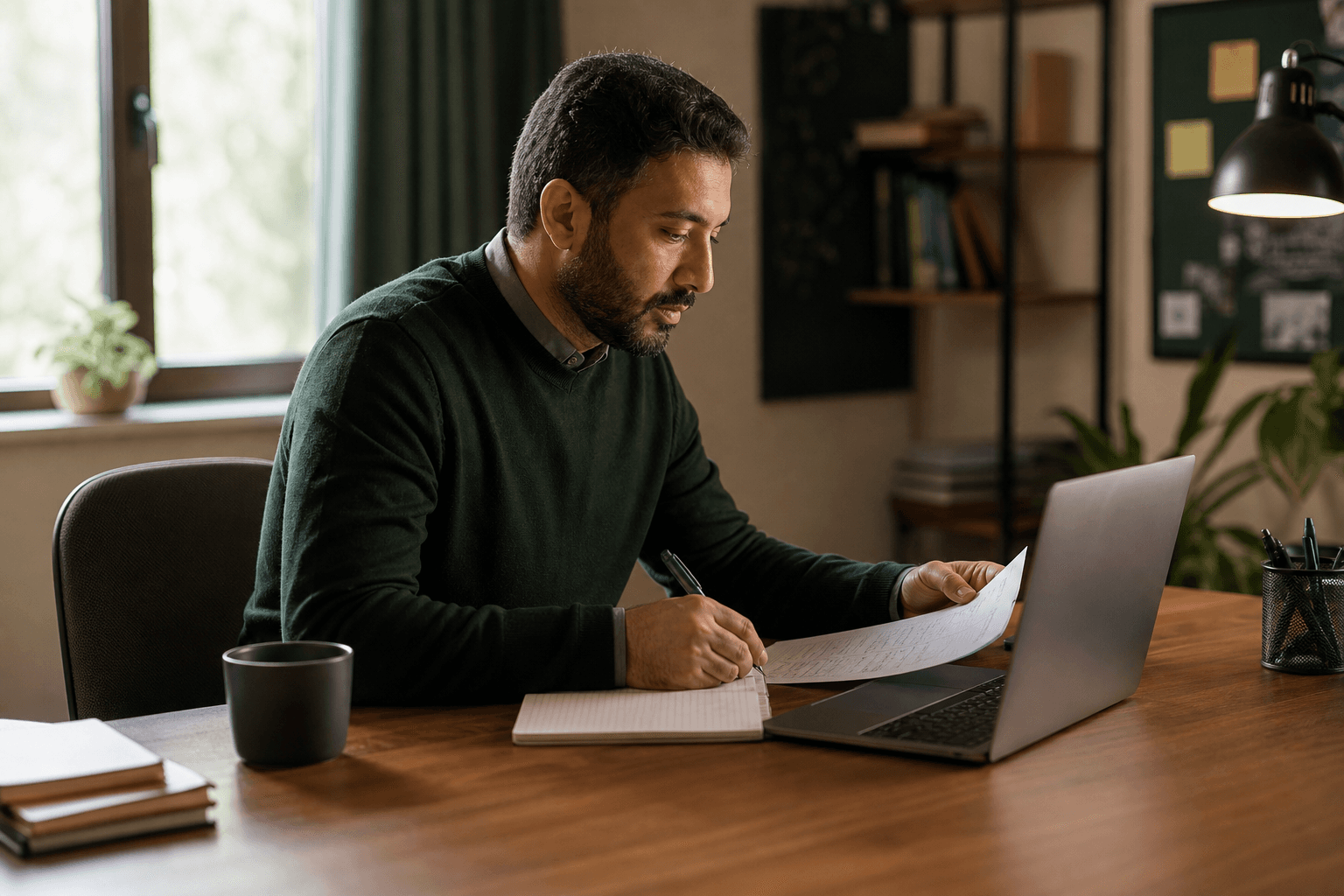 An educator carefully preparing notes for an online lesson