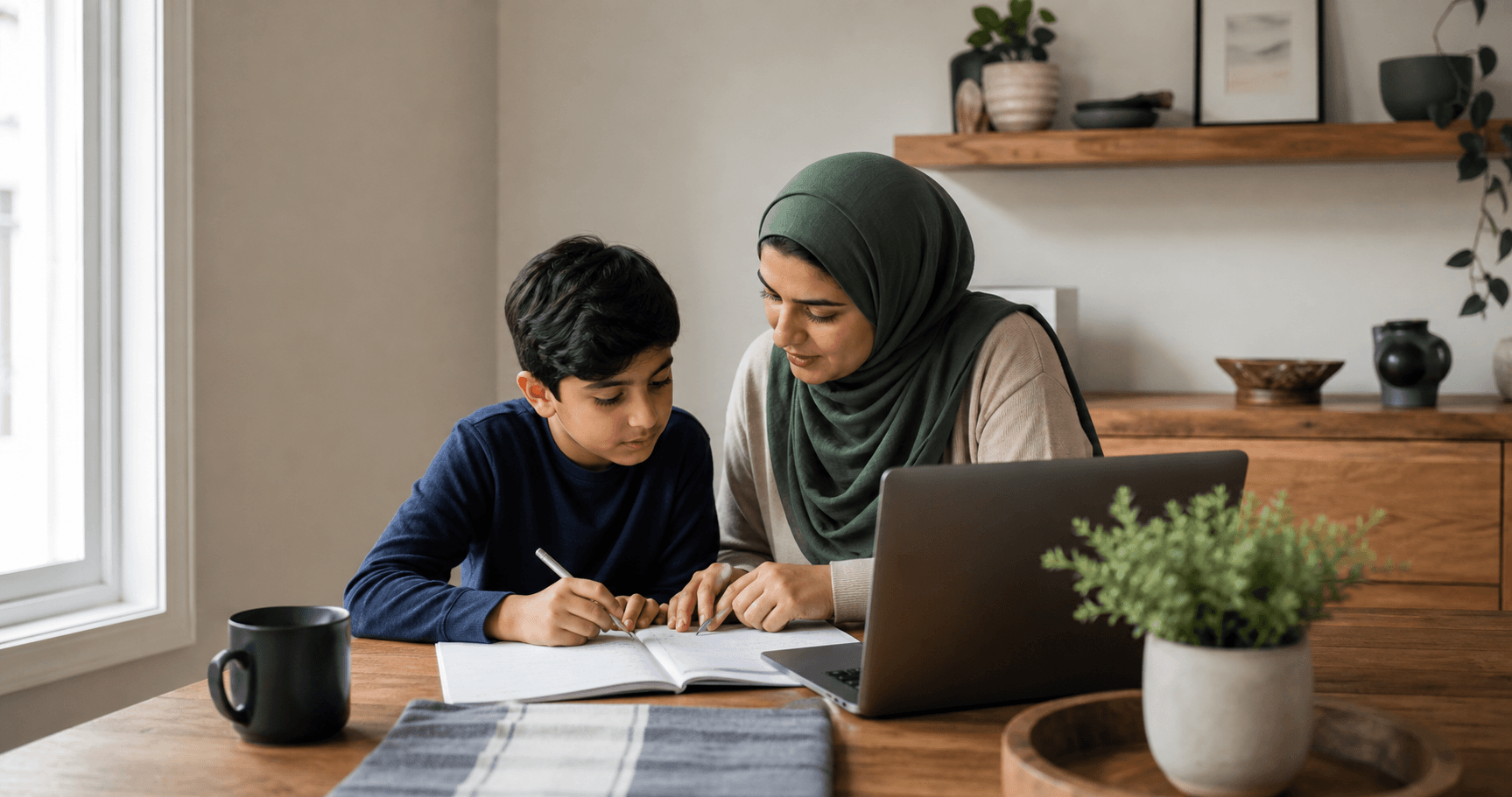 A mother supporting her son as he works in a notebook beside a laptop at home