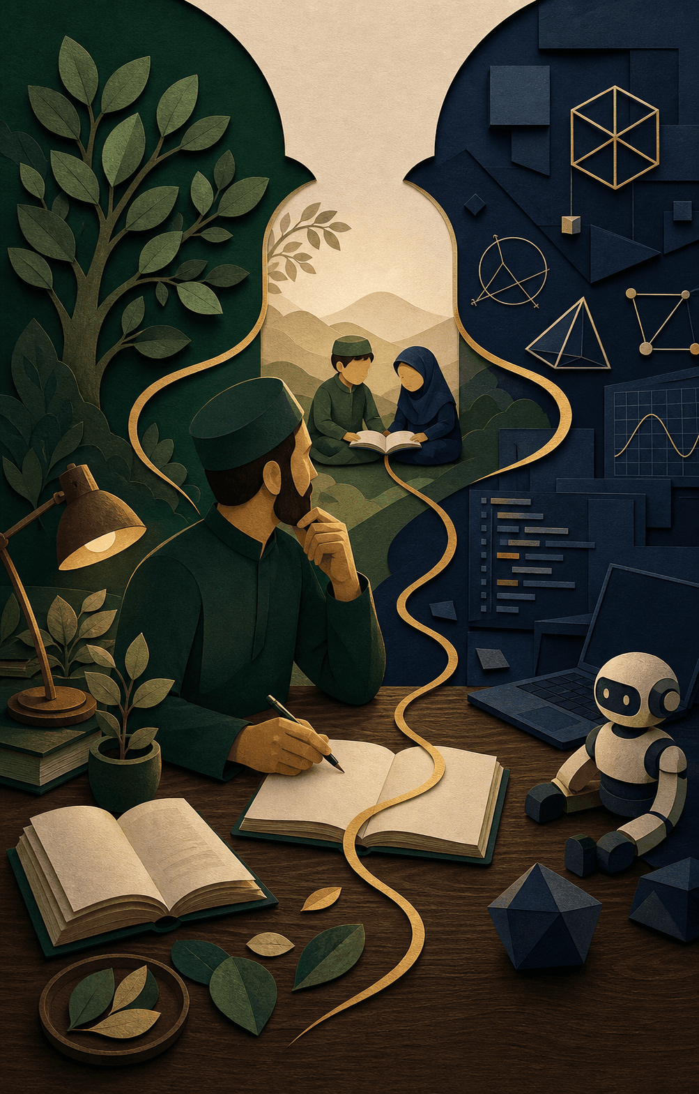 A symbolic illustration of a founder connecting faith, learning, mathematics, and technology around two children
