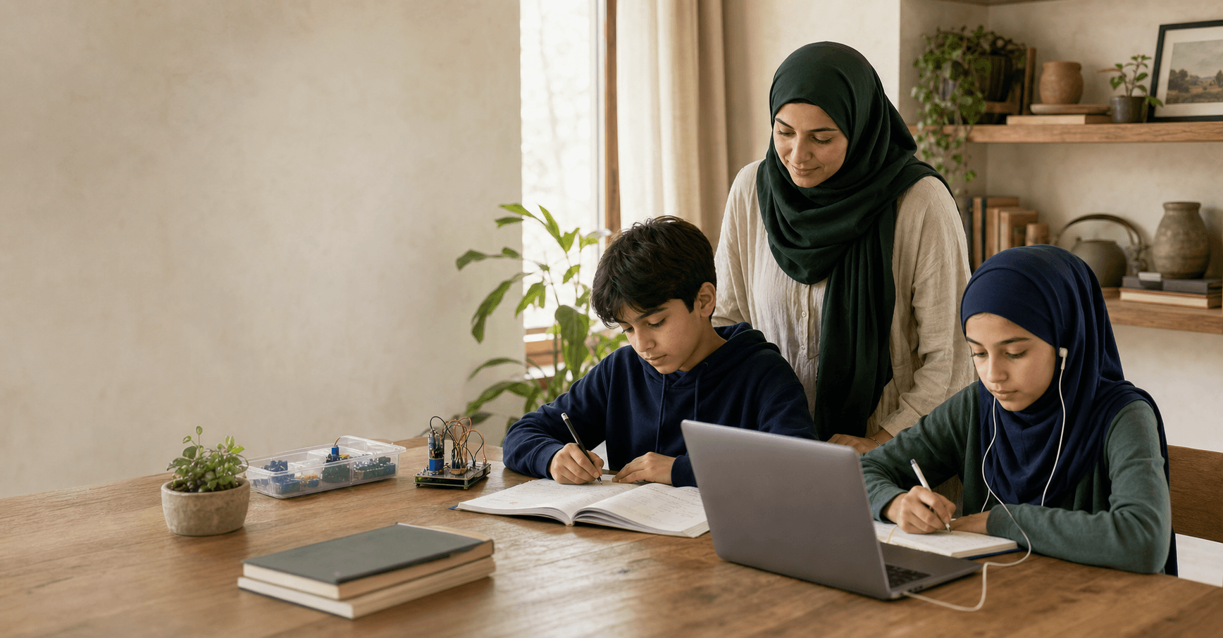 Two Muslim children learning Quran, Mathematics, and technology at home with their mother’s support