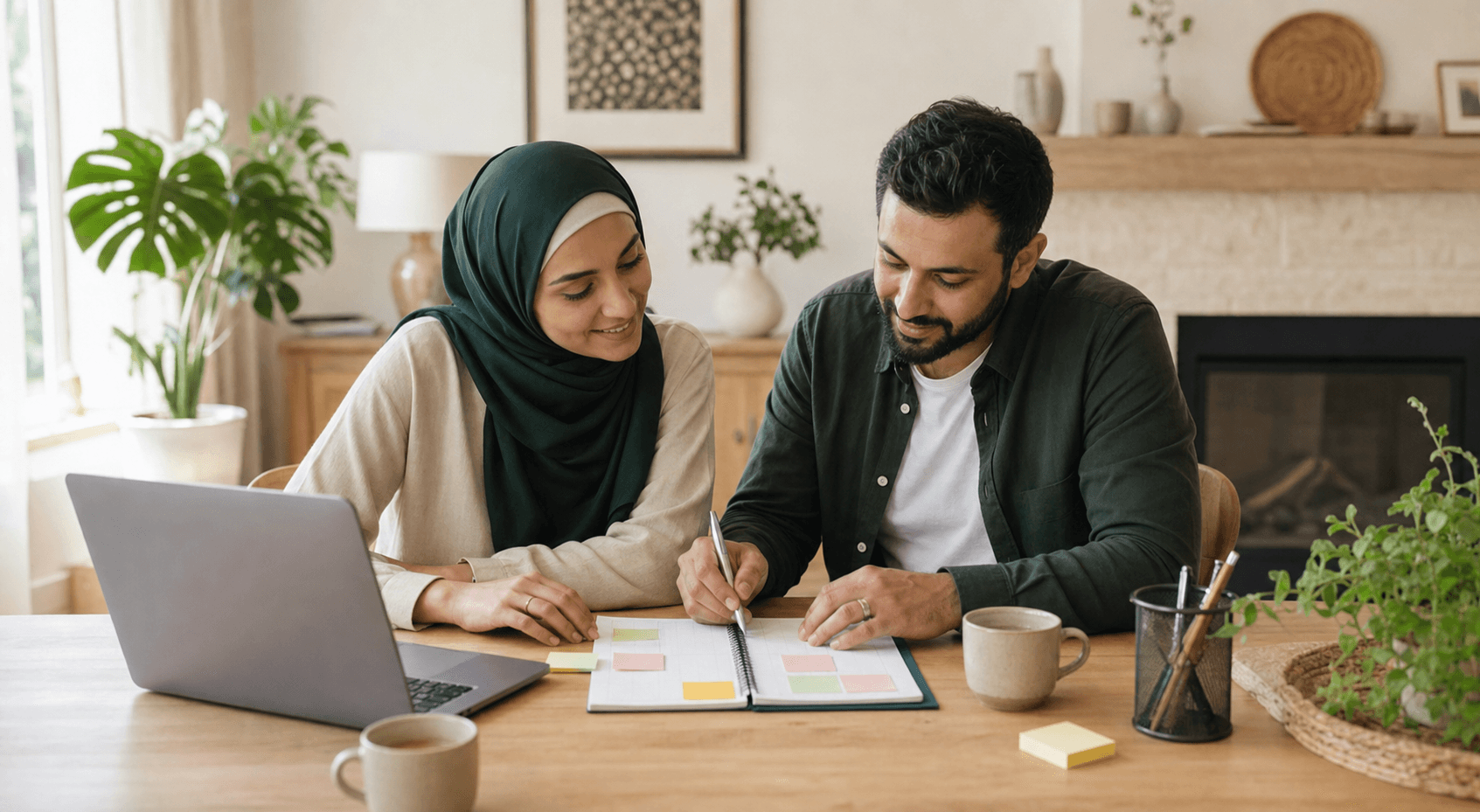 A parent taking notes during an online education consultation at home