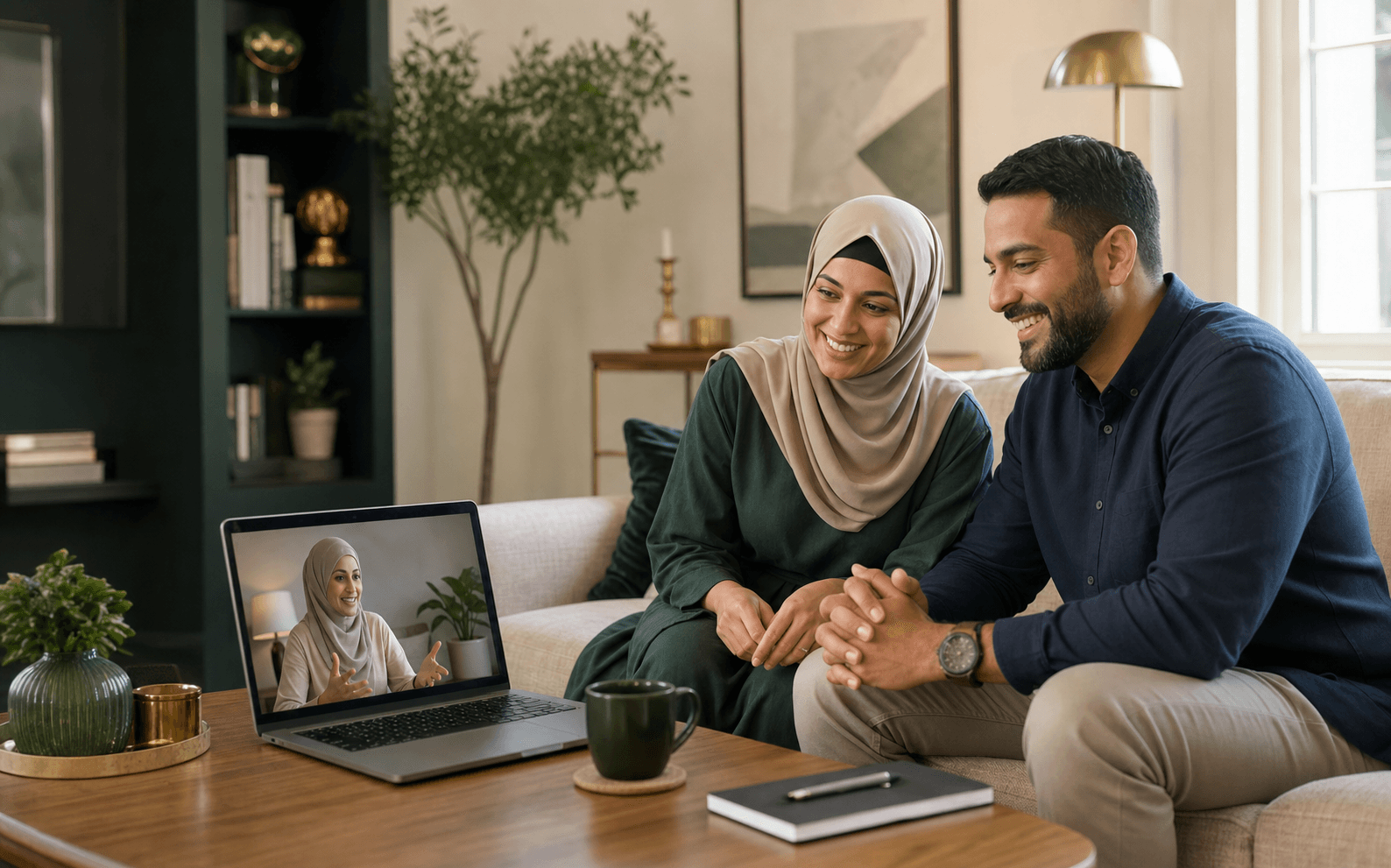 Muslim parents having a warm online conversation about their child’s learning
