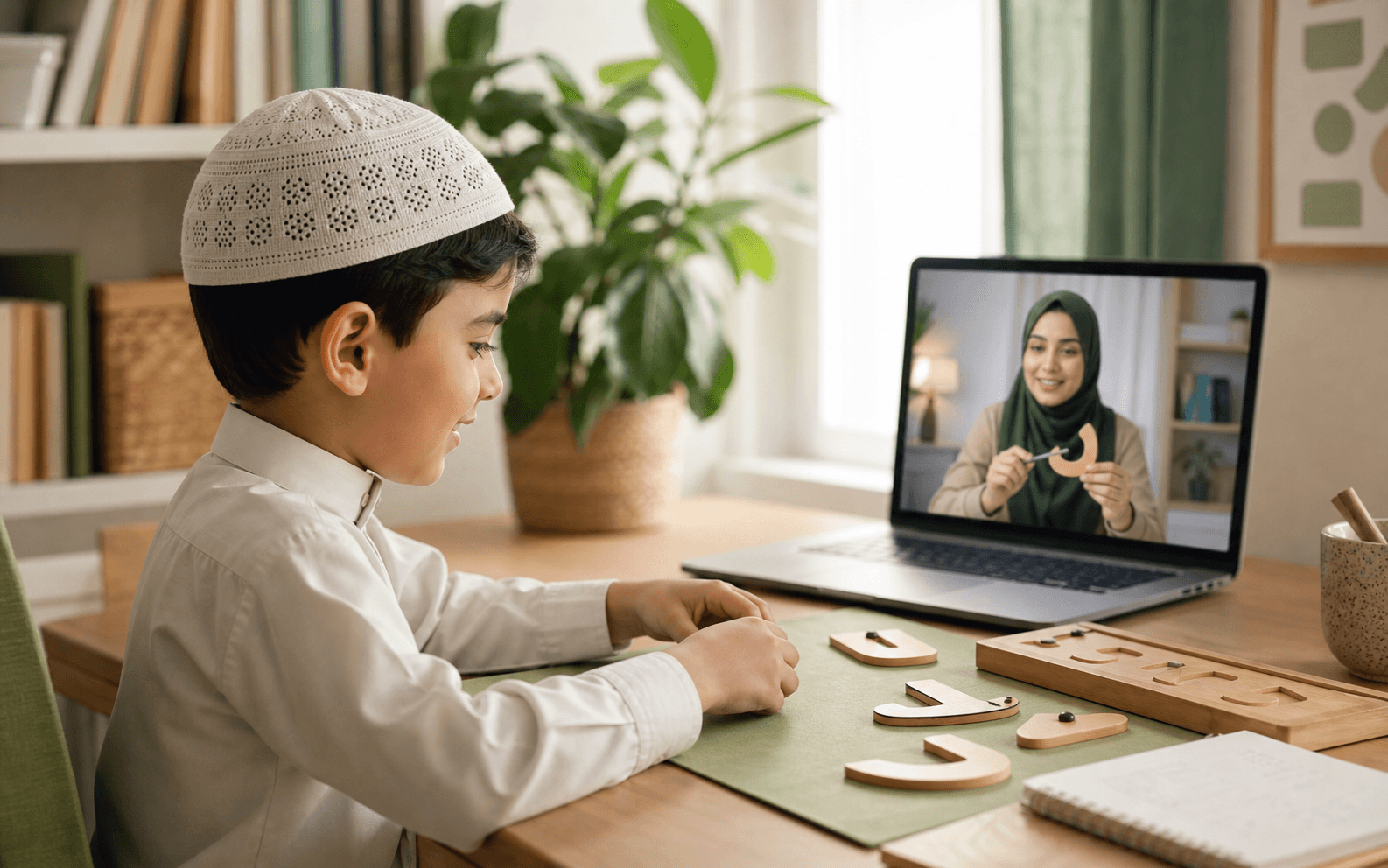 A child practicing Quran reading during a live online lesson at home