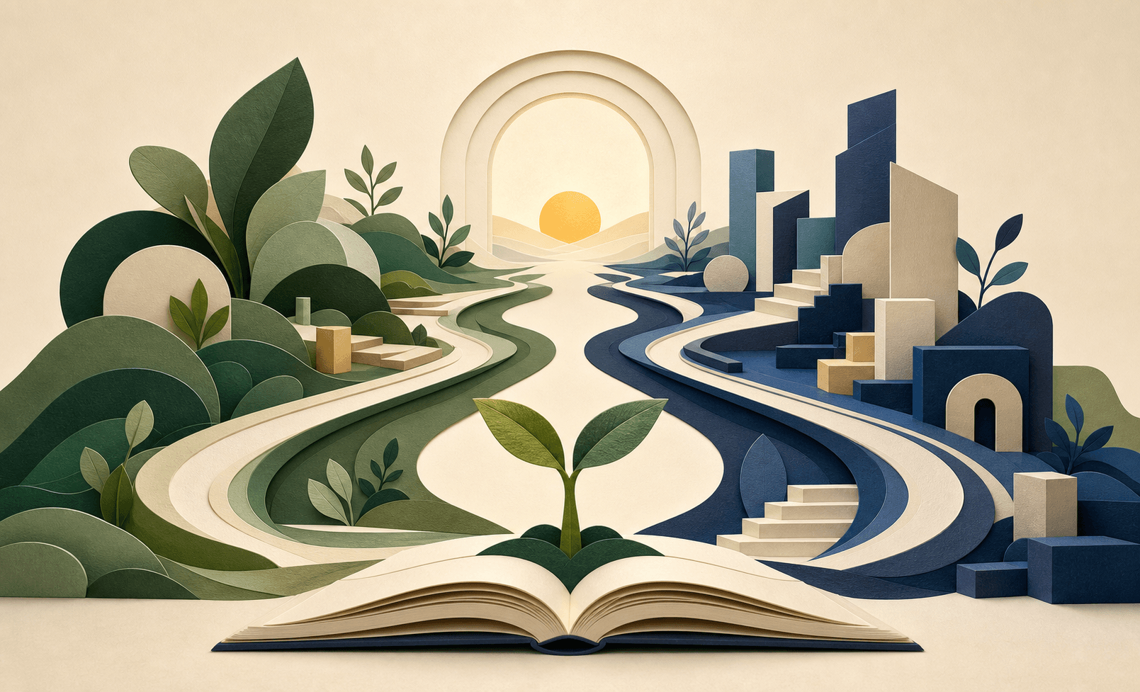 An illustrated open book growing into connected green and blue learning paths